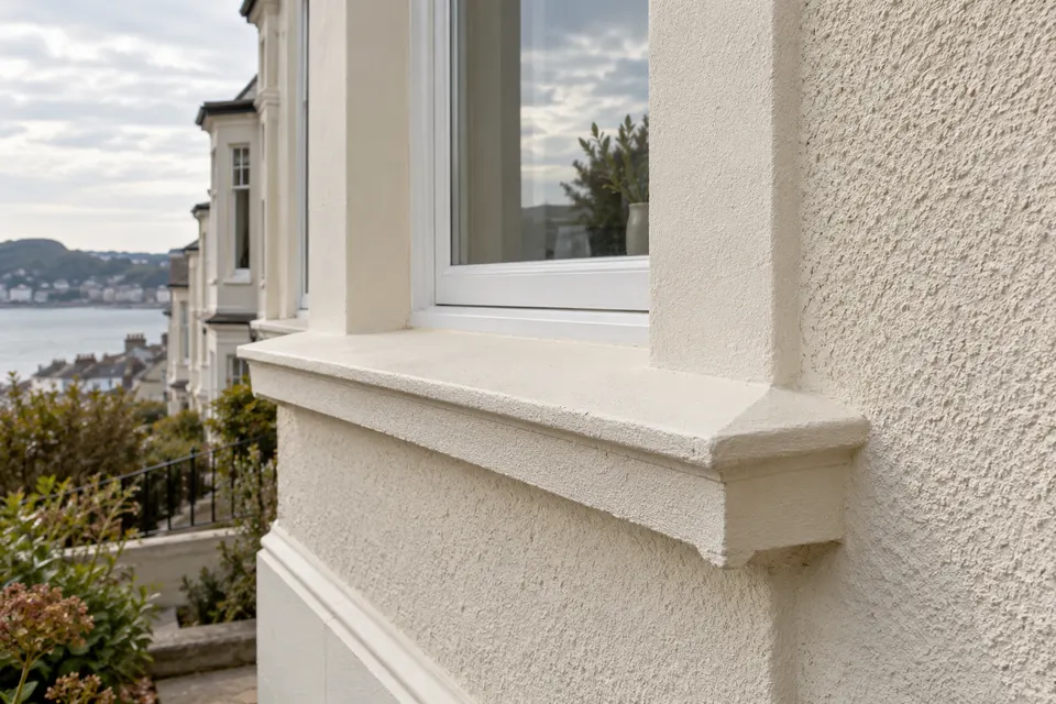 Illustrative close view of textured render at a window and projecting sill